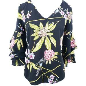 Unique Spectrum Floral Shirt Layered Sleeves Small VNeck Boho Top, 3/4 Sleeves